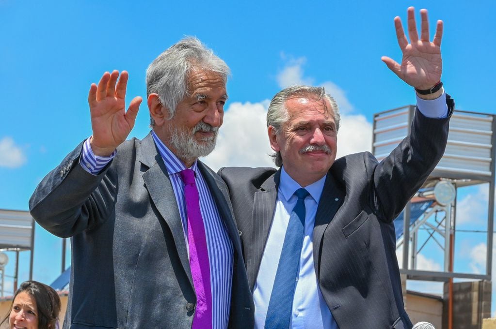 Alberto Fernández en su visita a San Luis, junto al gobernador Alberto Rodríguez Saá