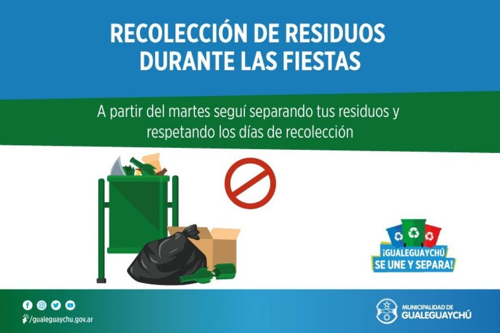 Cronograma especial de recolección de residuos en Gualeguaychú.