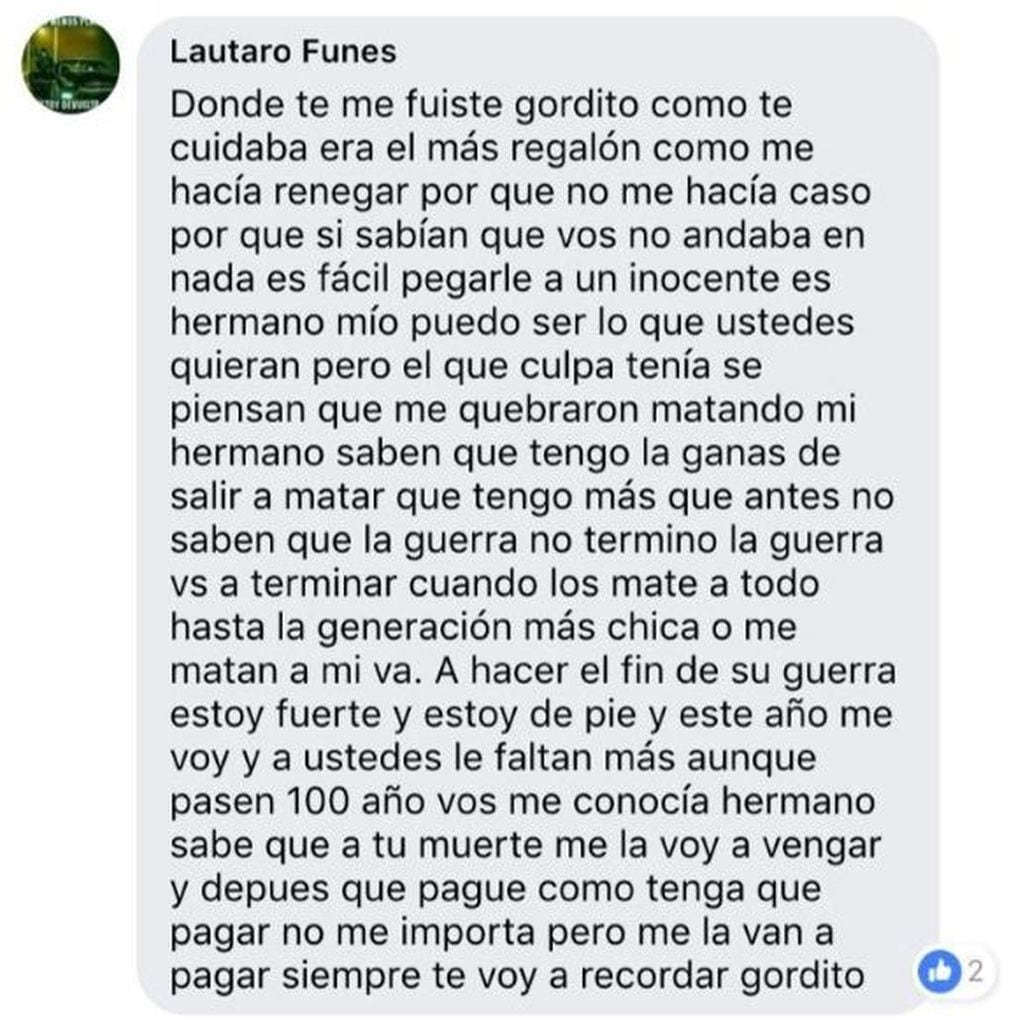 "Lamparita" Funes usó Facebook para jurar venganza por la muerte de su hermano. (Captura de pantalla)