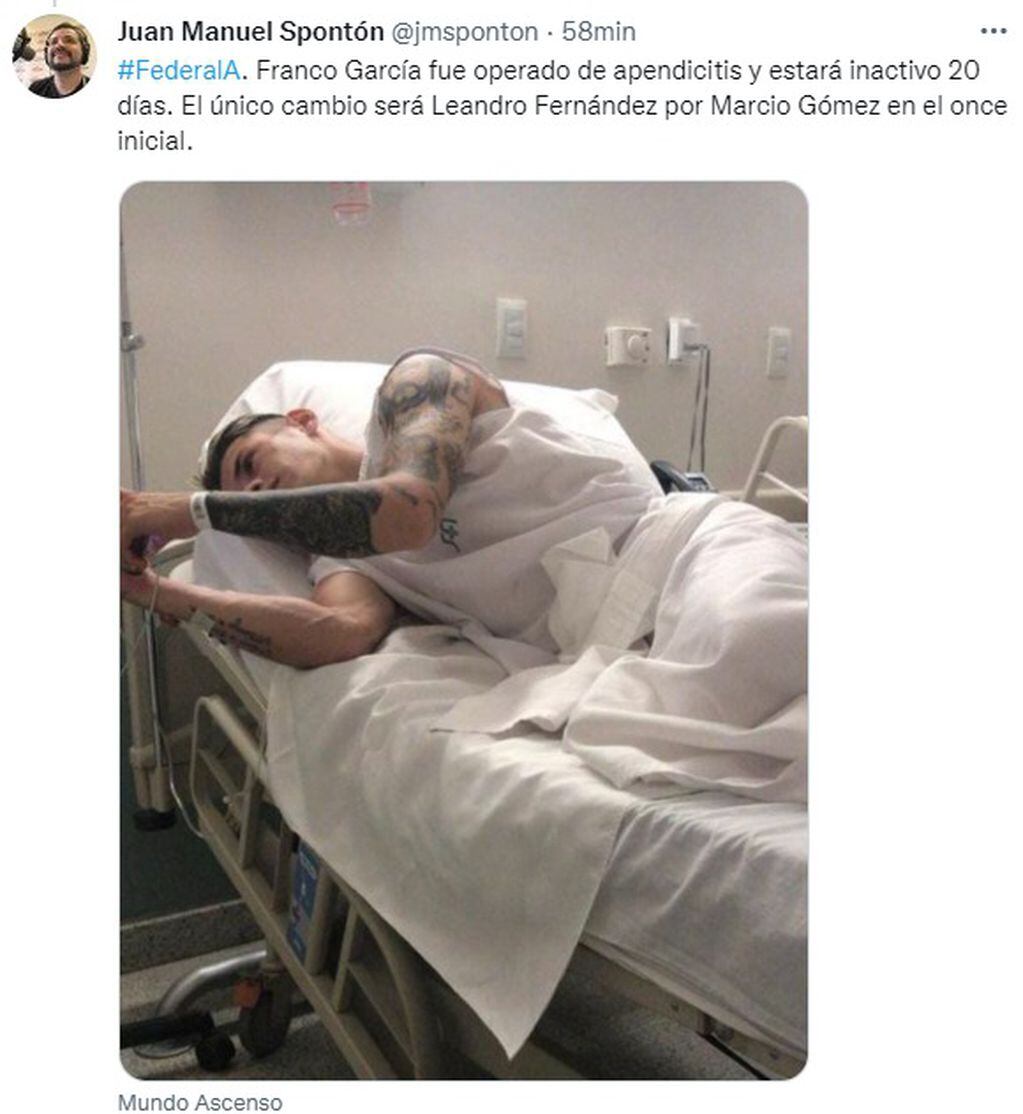 Franco García fue operado de apendicitis. Racing no lo tendrá por 20 días.