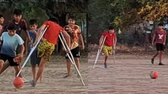 Niño sin una pierna juega futbol en muletas