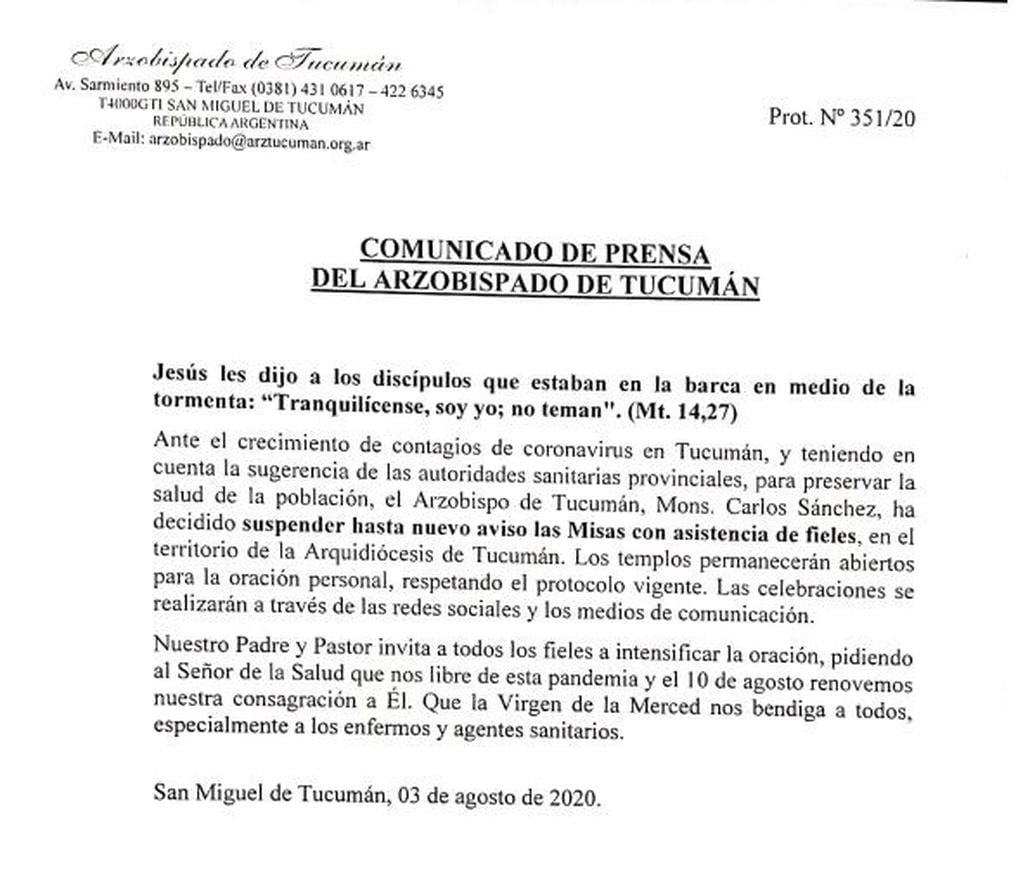 Se suspenden las misas con presencia de fieles en Tucumán.