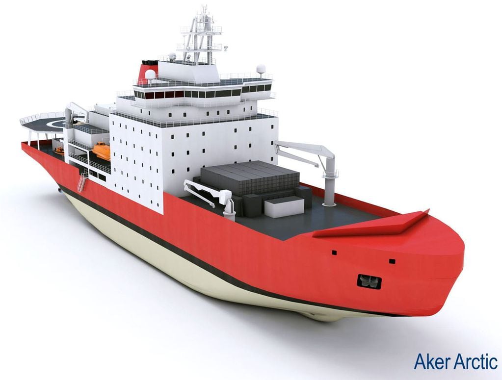 Render del buque de apoyo polar Aker ARC 133 diseñado en el año 2015 por la empresa Aker Artic para la Armada Argentina.
