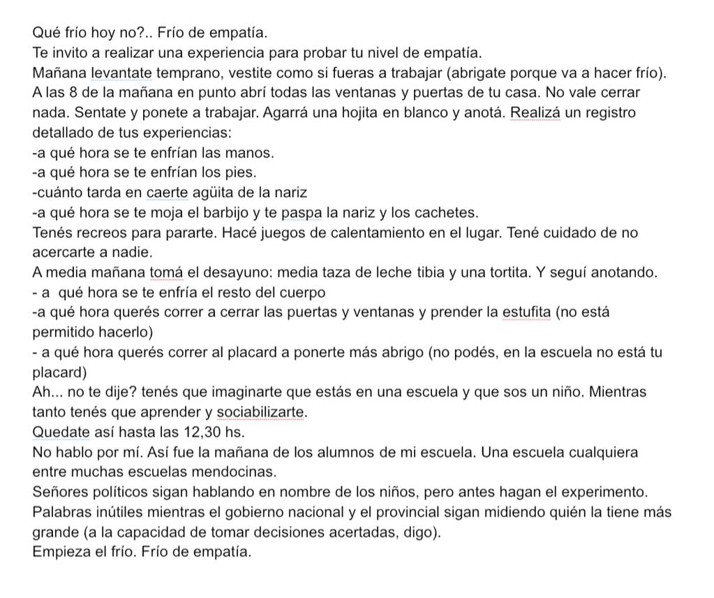 "Frío de Empatía", el mensaje escrito por una docente que circula en las redes. Un llamado a la reflexión para las autoridades de Mendoza.