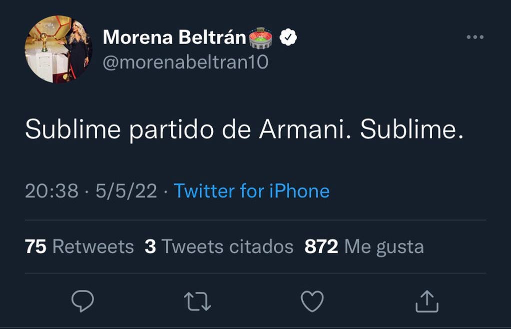 La periodista Morena Beltrán se rindió ante la actuación de Armani.