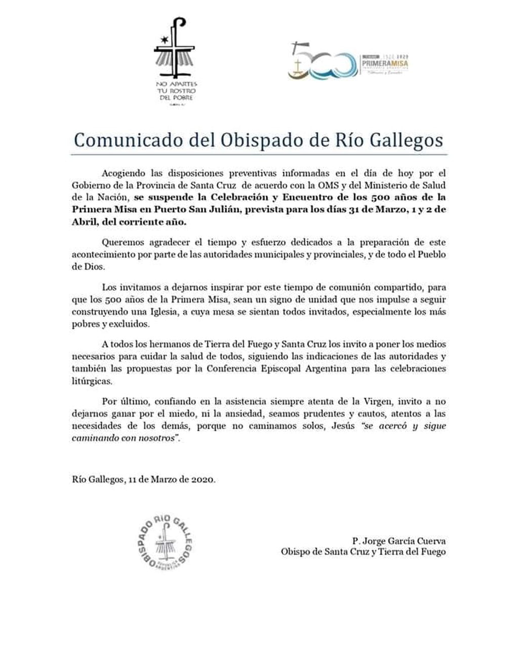 Comunicado del Obispo García Cuerva