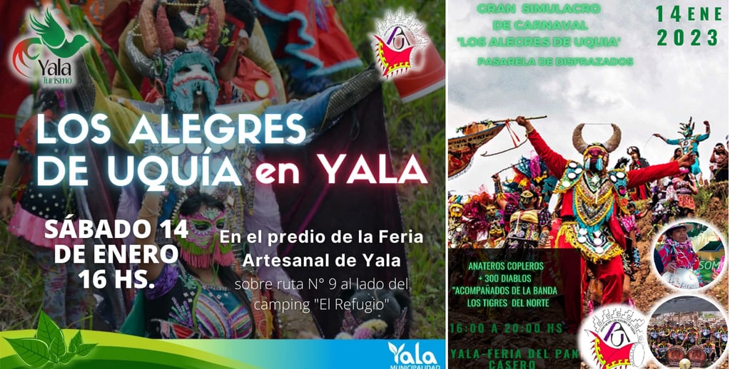 Piezas gráficas que anuncian que con un "simulacro" de "bajada" de diablos carnavaleros, el municipio de Yala abre este sábado su temporada turística 2023.