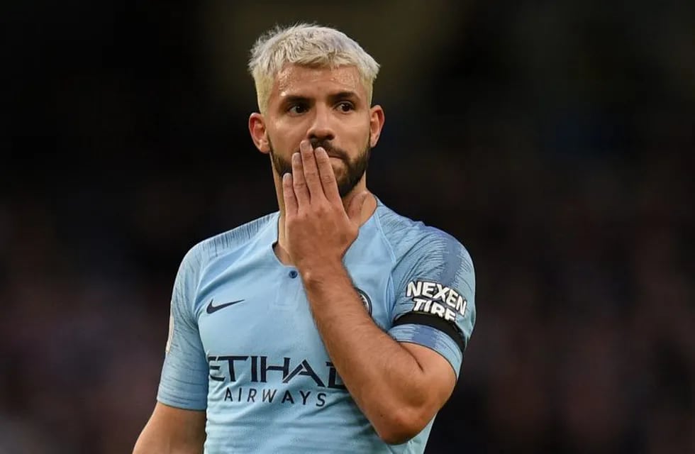 Manchester City's Argentinian striker Sergio Aguero reacts during the English Premier League football match between Manchester City and Leicester City at the Etihad Stadium in Manchester, north west England, on May 6, 2019. (Photo by Oli SCARFF / AFP) / RESTRICTED TO EDITORIAL USE. No use with unauthorized audio, video, data, fixture lists, club/league logos or 'live' services. Online in-match use limited to 120 images. An additional 40 images may be used in extra time. No video emulation. Social media in-match use limited to 120 images. An additional 40 images may be used in extra time. No use in betting publications, games or single club/league/player publications. /