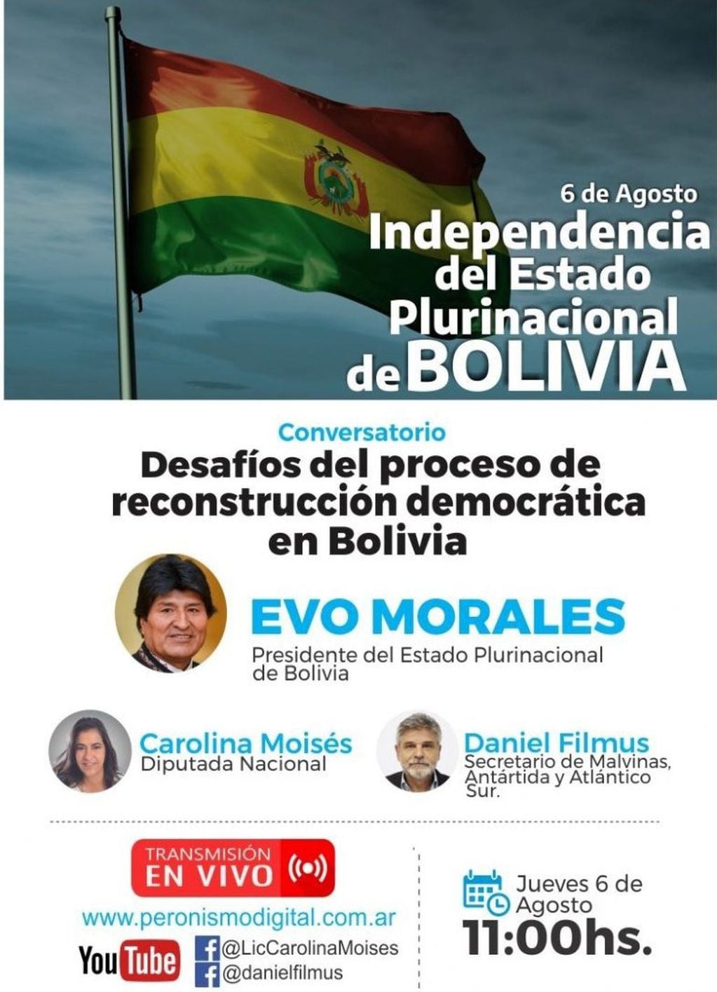 Flyer que anuncia la actividad programada para este jueves con la participación de Evo Morales.