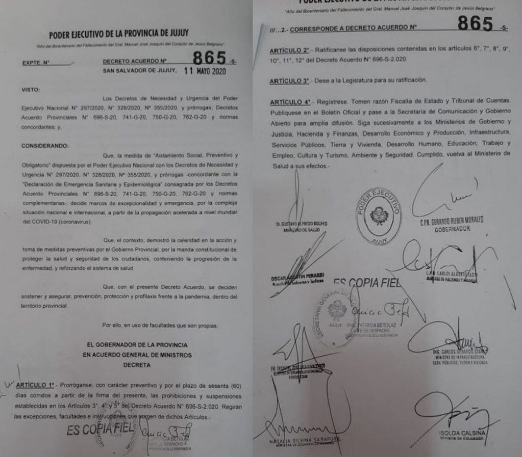 El decreto N° 865 firmado este miércoles por el gobernador Morales y sus ministros.