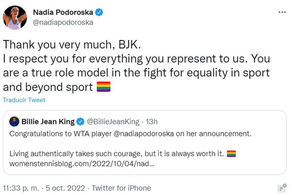 Nadia Podoroska agradeció el apoyo de Billie Jean King cuando salió del clóset.