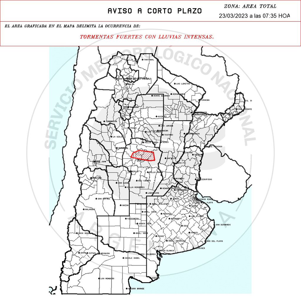 Aviso a muy corto plazo por lluvias intensas en Córdoba.