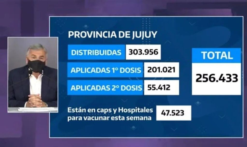 Cuadro con el que el gobernador Morales resumió el estado de situación respecto del stock de vacunas que recibió hasta el momento la provincia de Jujuy.