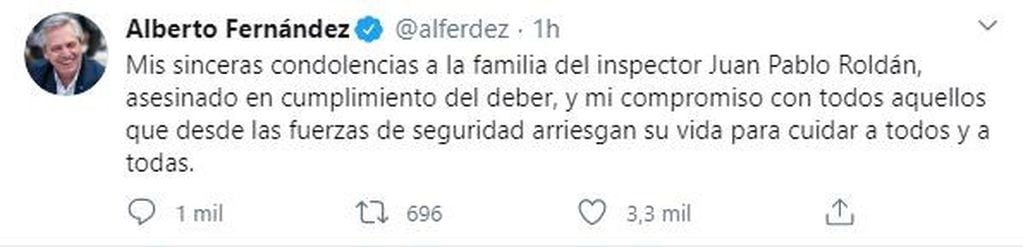 Alberto Fernández y su mensaje en Twitter sobre el policía asesinado.