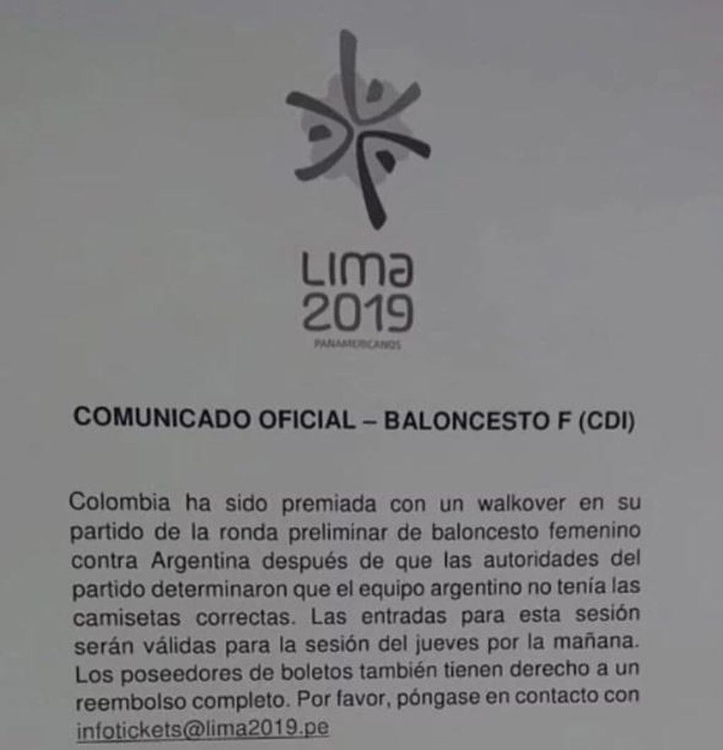 El comunicado oficial del Comité Organizador de los Juegos Panamericanos. (Foto: web)