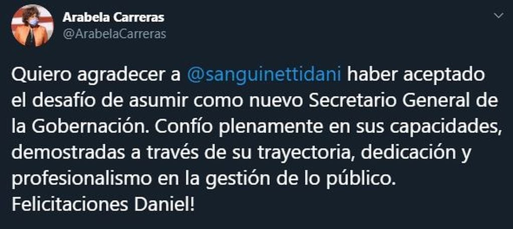 Arabela Carreras, a través de Twitter, expresó su reconocimiento por la designación de Sanguinetti (web)