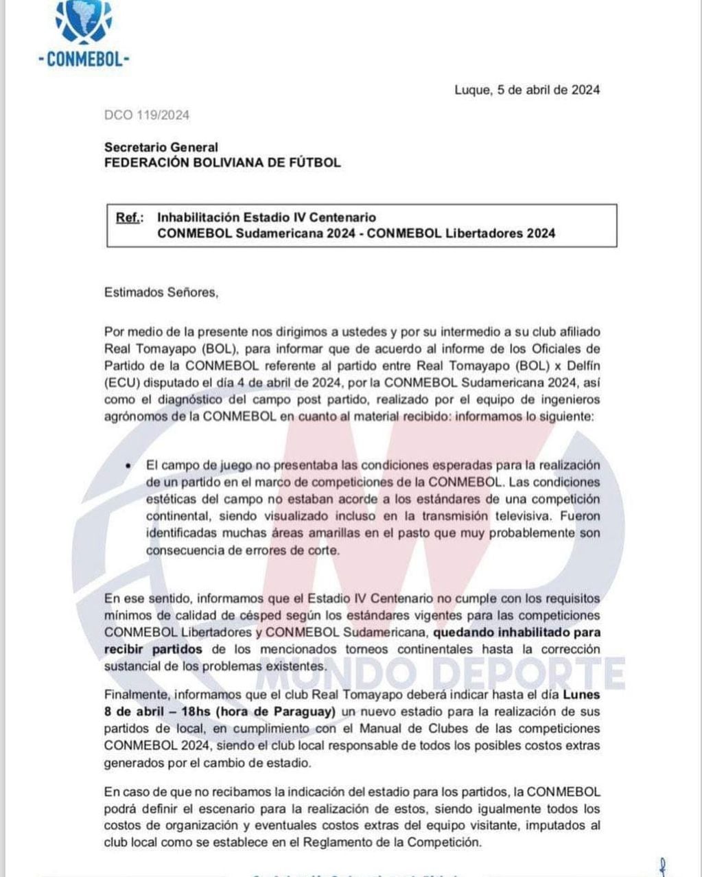 El comunicado de Conmebol explicando los motivos de la inhabilitación del estadio.