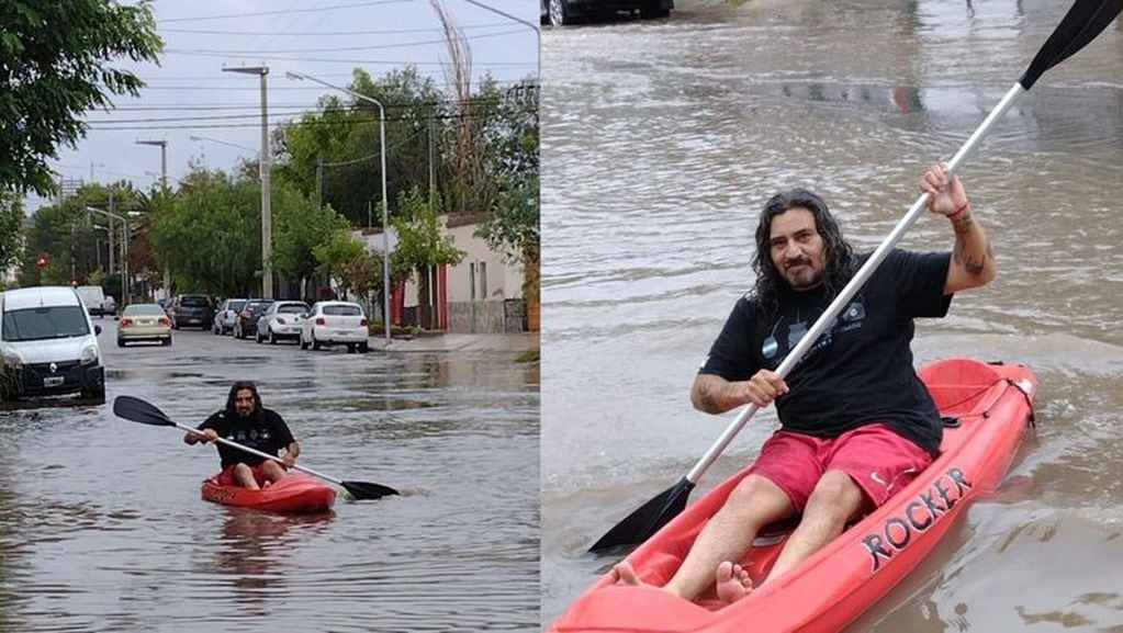 Debido a las inundaciones en Neuquén, un hombre paseó en kayak.