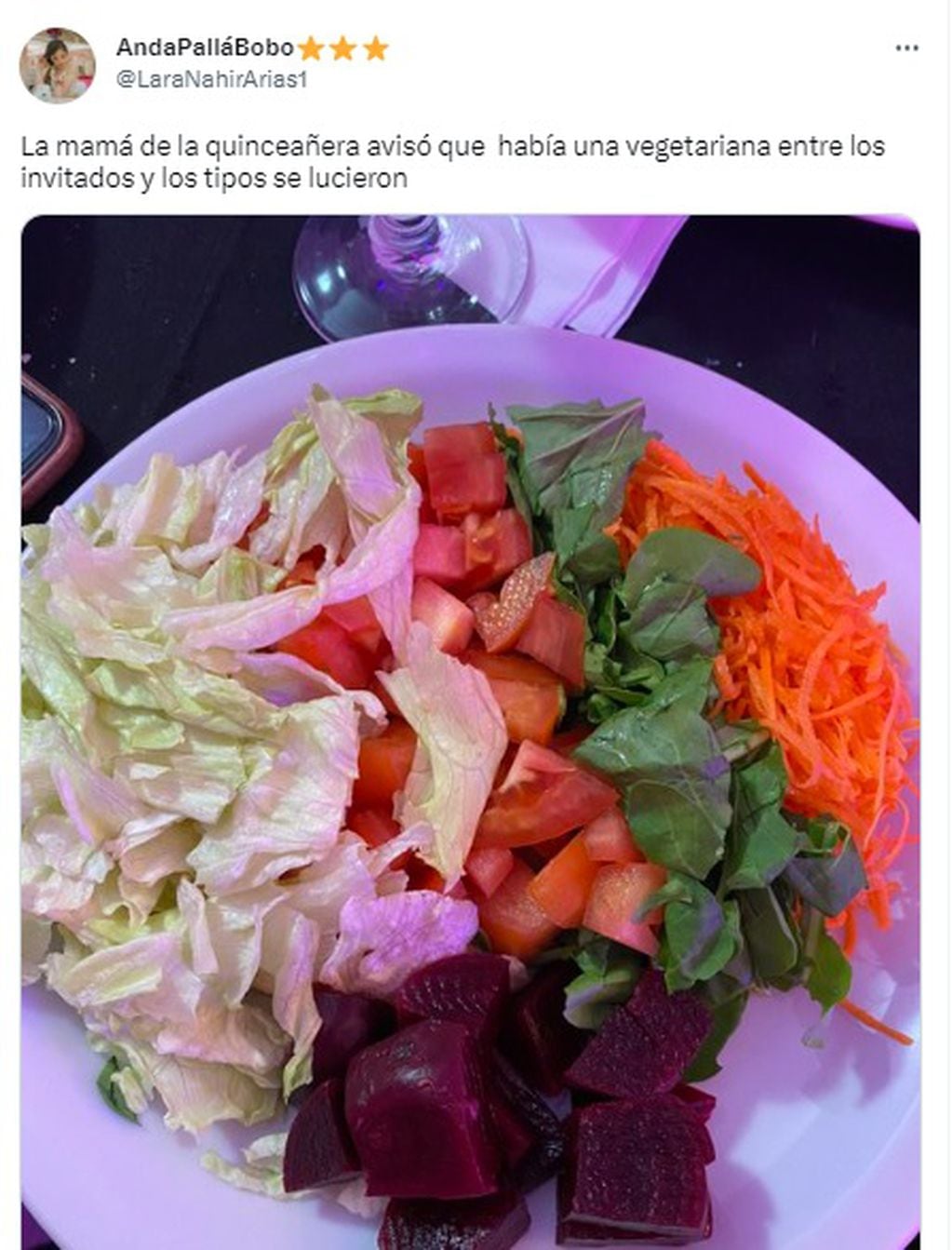 Fue a una fiesta de 15 y le sirvieron una ensalada como plato vegetariano