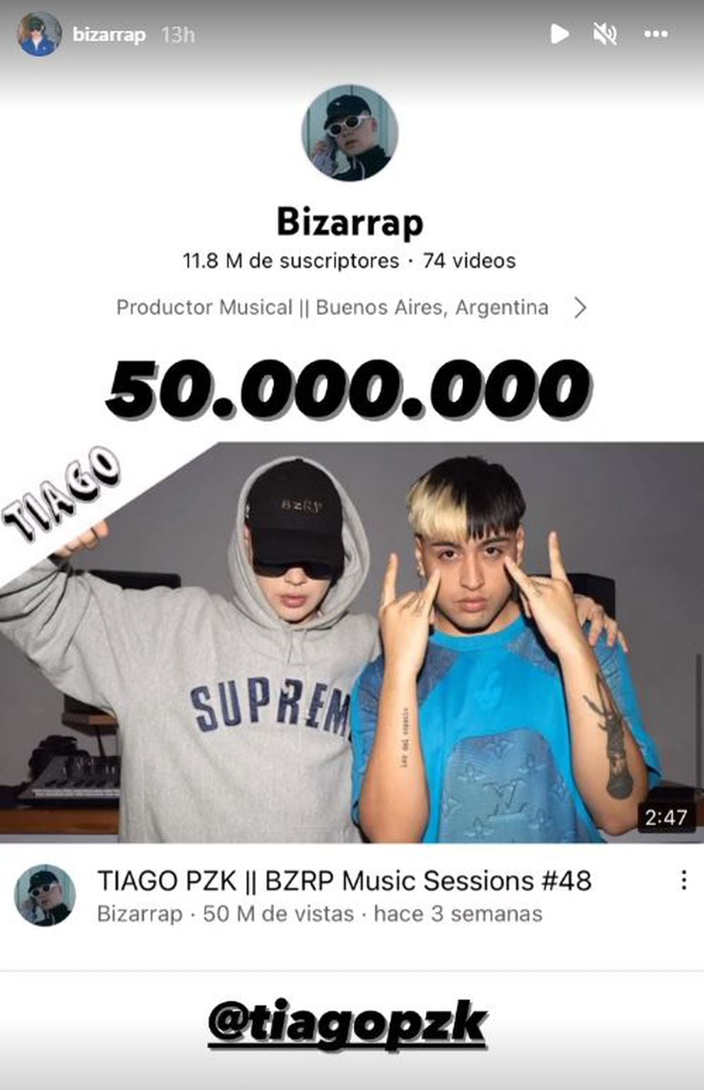 La sesión de Bizarrap con Tiago PZK llegó a las 50 millones de visualizaciones en YouTube.