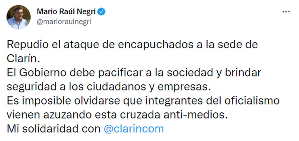 El mensaje de repudio de Negri en redes sociales. (Foto: Twitter)