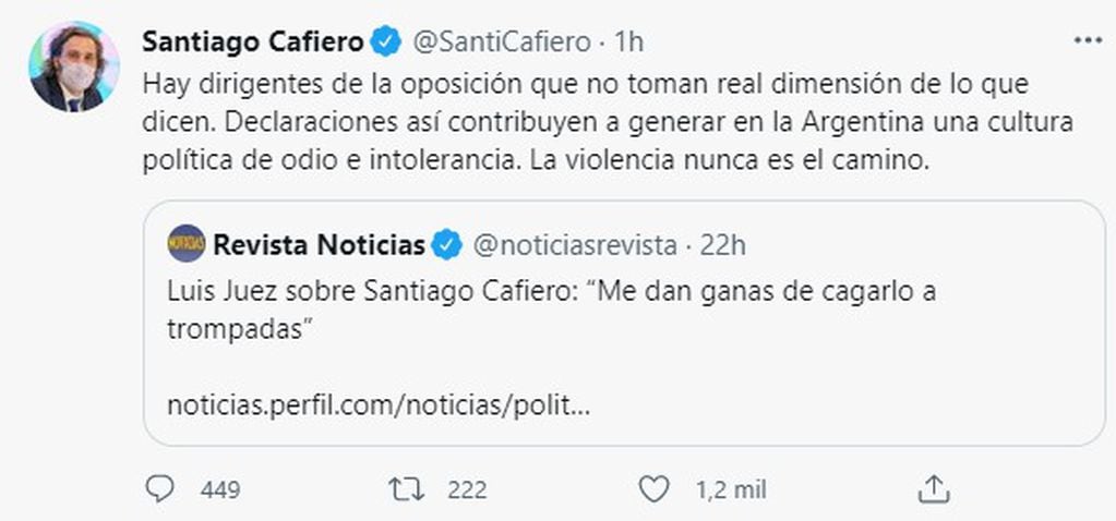 Santiago Cafiero replicó a Luis Juez, quien no se quedó callado.