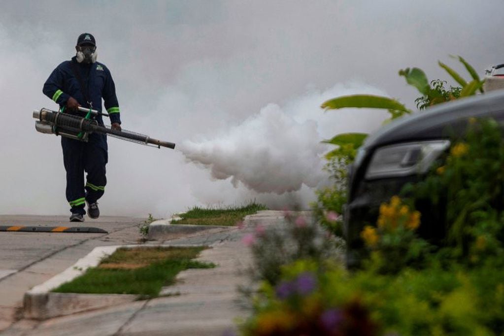 A Worker fumigates against the Aedes aegypti --the mosquito that can spread dengue fever-- in a neighbourhood in Panama City, on April 18, 2020. - Central America faces a 'time bomb' with the growing cases of dengue as the rainy season begins in the region, while its health systems remain alert to the expansion of the new coronavirus. (Photo by Luis ACOSTA / AFP)