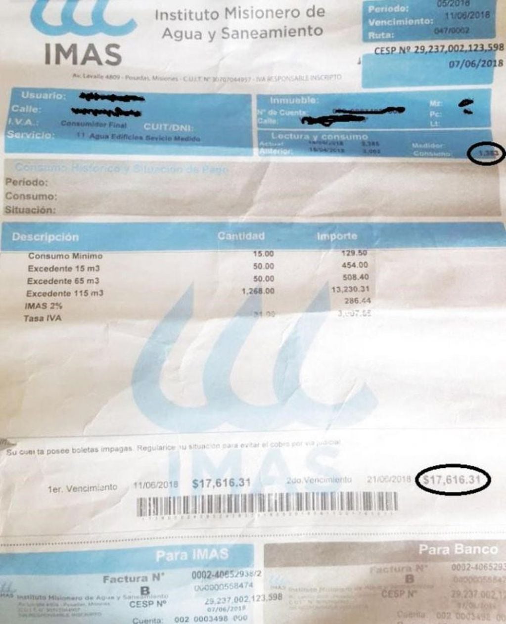 Los vecinos del barrio Villa Alta en Puerto Iguazú recibieron una factura de 17 mil pesos.