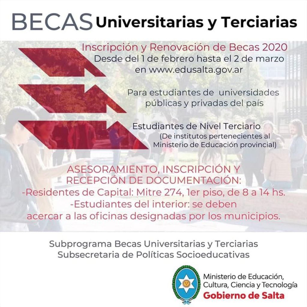 Becas universitarias y terciarias 2020 (Facebook Ministerio de Educación, Cultura, Ciencia y Tecnología - Gobierno de Salta)