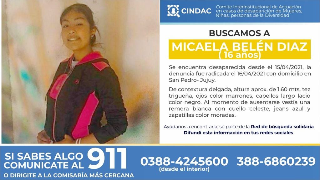 La Policía de Jujuy trabaja en la búsqueda de la adolescente Micaela Díaz.