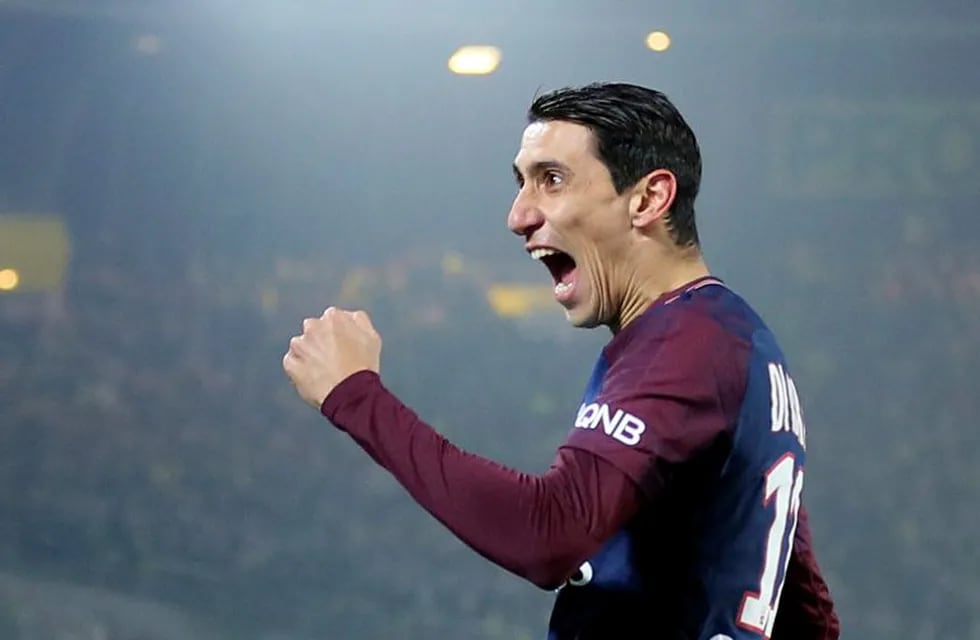 PSG's Angel Di Maria jubilates after scoring the first goal during his French League One soccer match against Nantes, in Nantes, western France, Sunday, Jan. 14, 2018. (AP Photo/David Vincent)