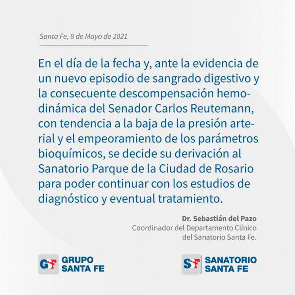 Parte médico del senador santafesino Carlos Reutemann, emitido por el Sanatorio Santa Fe el sábado 8 de mayo de 2021.