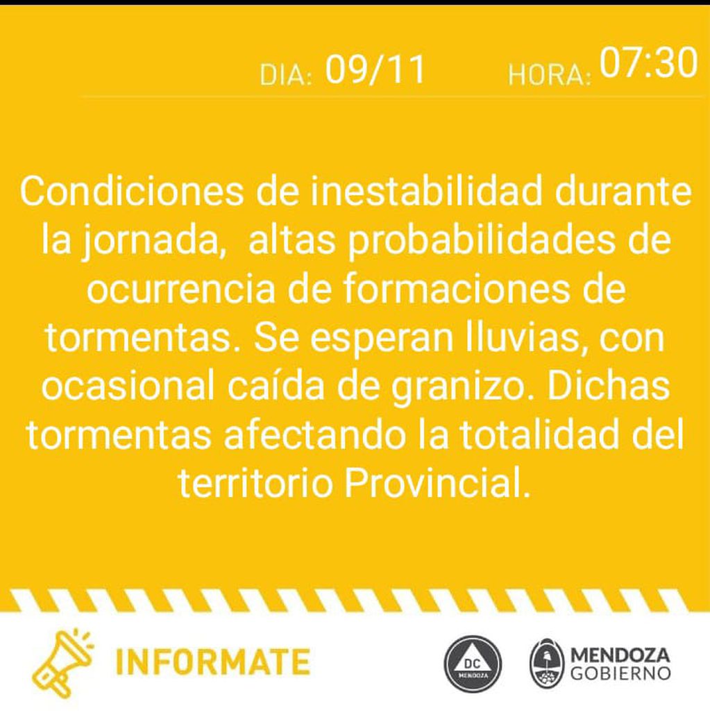 Alerta de Defensa Civil por tormentas y granizo en Mendoza