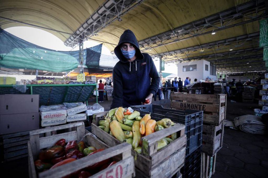Un hombre con tapabocas trabaja en el Mercado Central de Frutas y Verduras del partido de La Matanza, en Buenos Aires (Argentina). (Foto: EFE/Juan Ignacio Roncoroni)