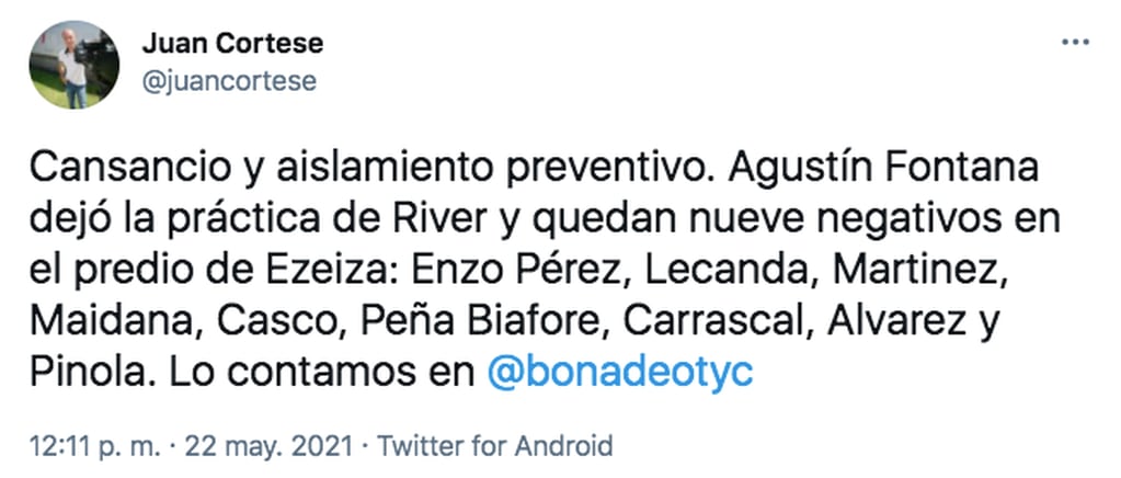 Juan Cortese informó los síntomas de Agustín Fontana en la práctica de River.