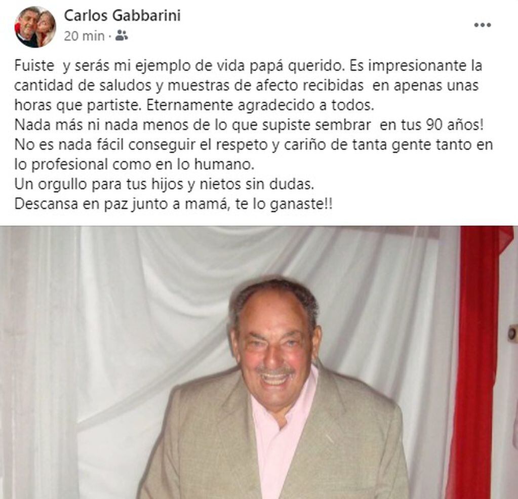 Posteo del secretario de Salud Carlos Gabbarini para despedir a su padre