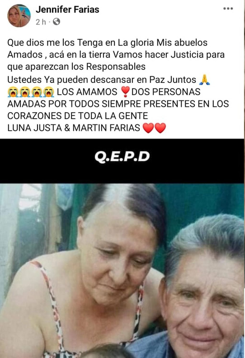Dolor en redes por Justa Luna (66) y Martín Farías (76), la pareja asesinada en Las Heras (Facebook)