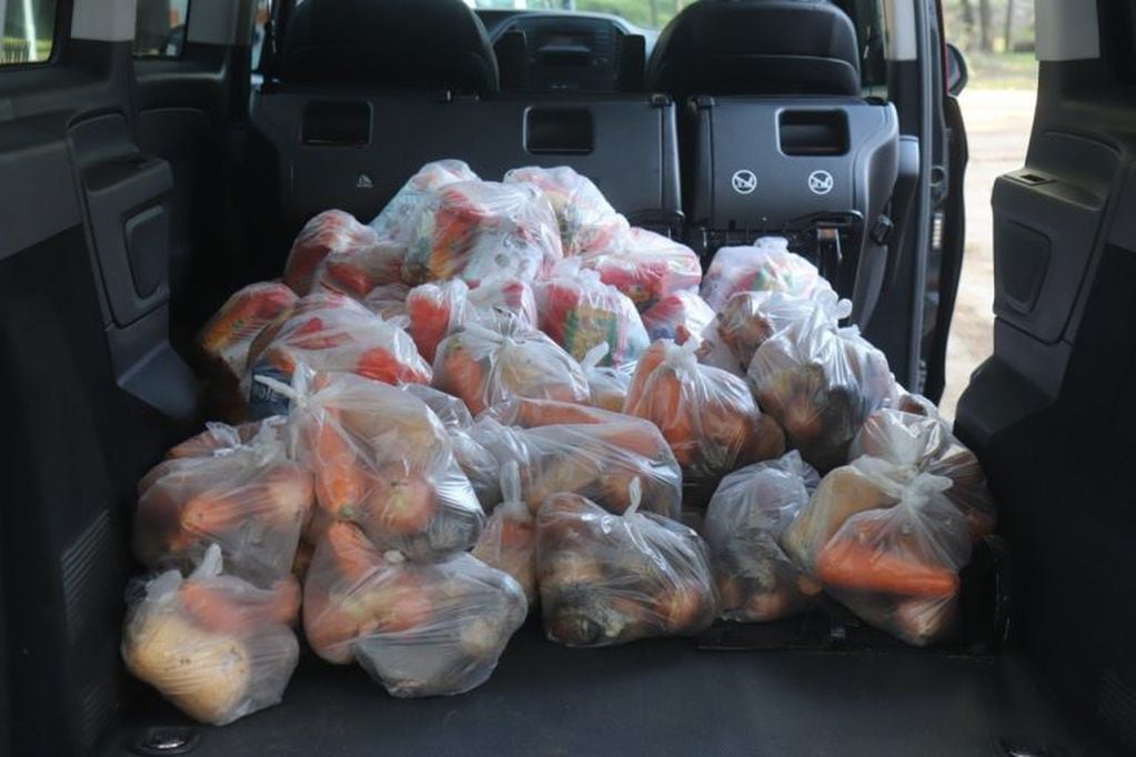 Son bolsones con alimentos secos y verduras. (Foto: prensa municipal).