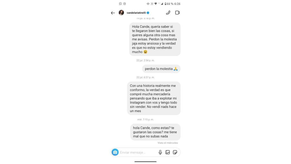 Los supuestos chats entre Cande Tinelli y una emprendedora