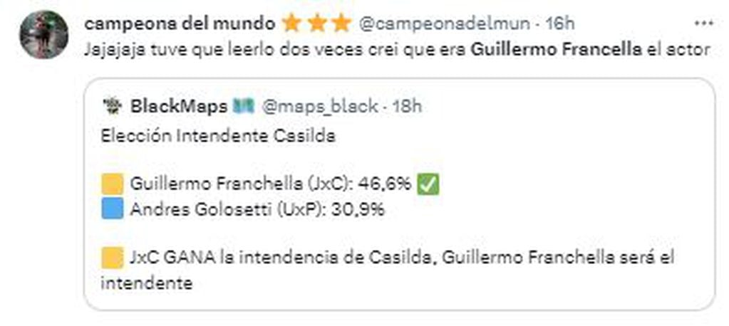 Las redes sociales explotaron al ver quién ganó la intendencia de Casilda: Guillermo Franchella.