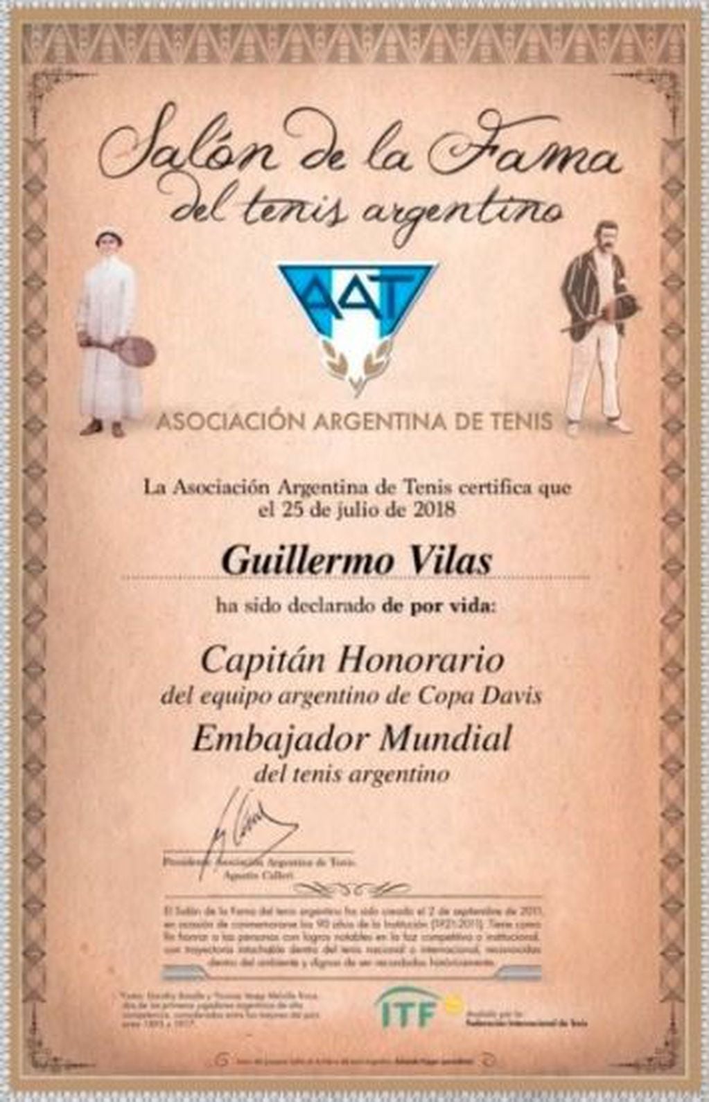 El diploma para Guillermo Vilas. (ATT)