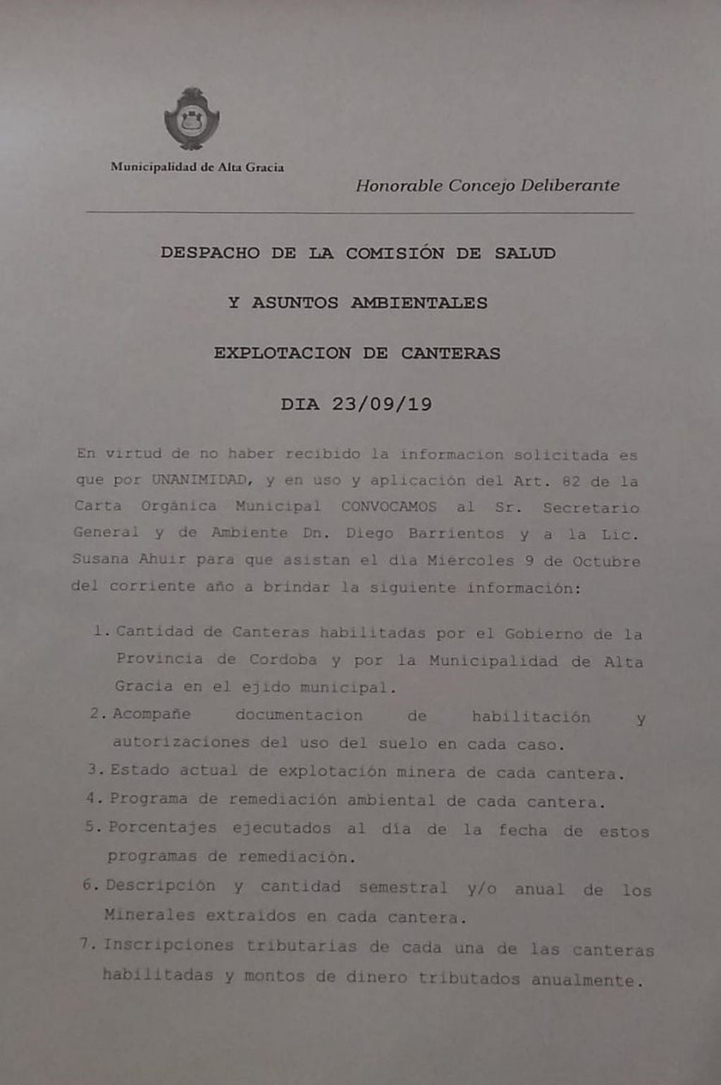 Pedido de Informe sobre la situación actual de las canteras en Alta Gracia.