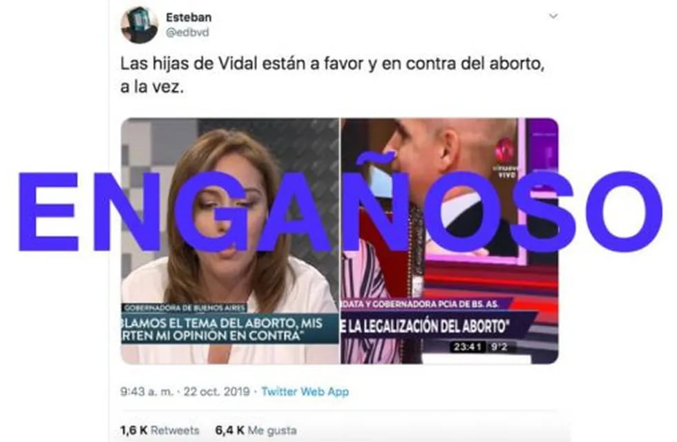 Es engañoso el posteo que habla sobre la posición de las hijas de Vidal ante la legalización del aborto. (Reverso)