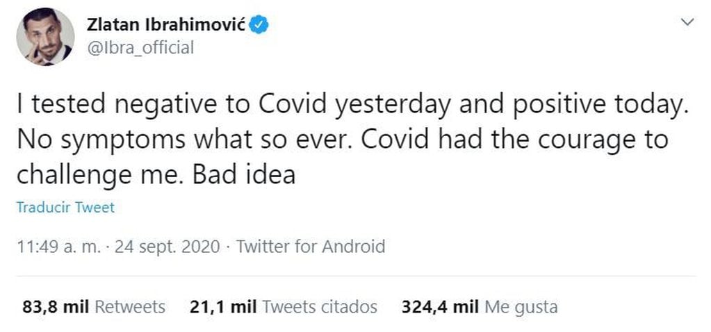 Zlatan Ibrahimovic tiene coronavirus (Foto: captura Twitter)