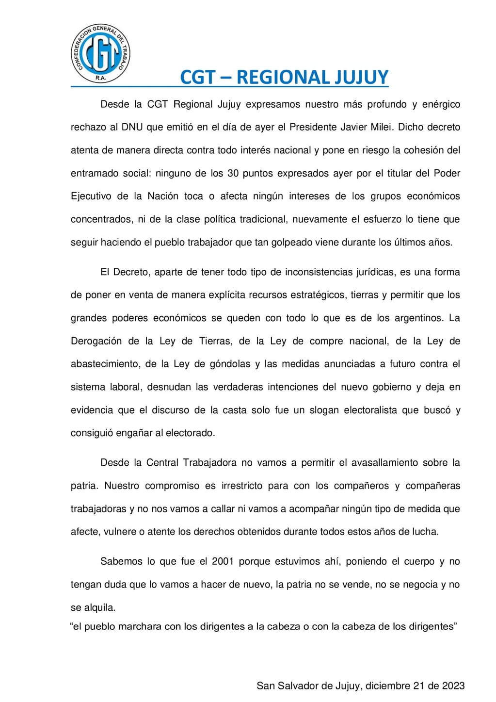 Documento de la CGT Regional Jujuy difundido este jueves en rechazo a los términos del DNU emitido por el presidente Javier Milei.