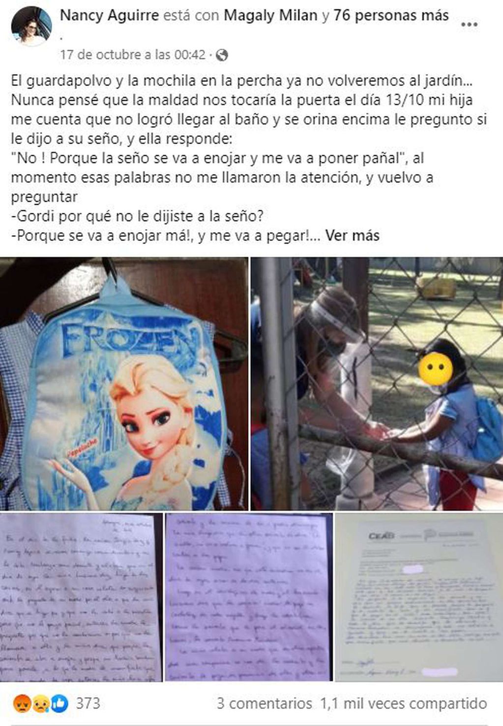 La publicación de Nancy Aguirre en su Facebook contando lo sufrido por su hija.