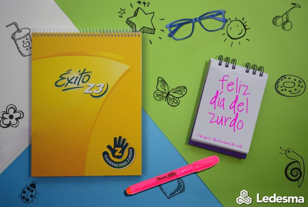 Salutación con motivo del Día del Zurdo, de la empresa Ledesma, única fabricante de un cuaderno para zurdos.