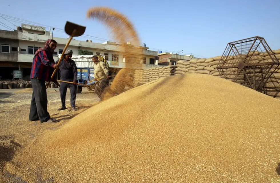 EPA2299. AMRITSAR (INDIA), 26/04/2018.- Trabajadores aventan granos de trigo en un mercado en Amritsar (India) hoy, 26 de abril de 2018. La plantación del trigo en el estado de Punjab comienza en octubre y finaliza en diciembre. El trigo comienza a crecer en enero y se cosecha de marzo a abril. El estado de Punjab es el mayor productor de trigo y arroz de la India. EFE/ Raminder Pal Singh india  india mercado de granos de amritsar