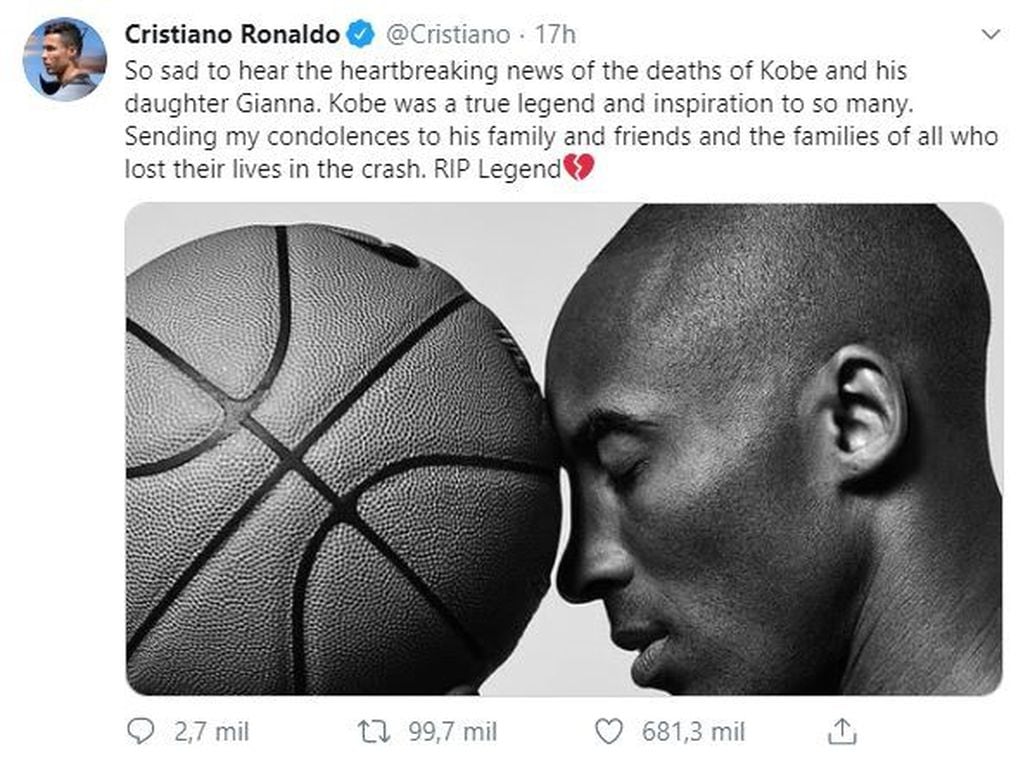 Tuit de Cristiano sobre la muerte de Kobe Bryant.