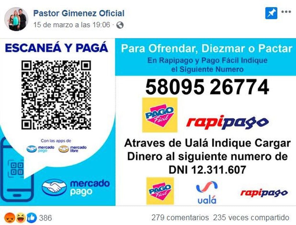 El Pastor Giménez pide mil pesos a cambio de alcohol en gel.